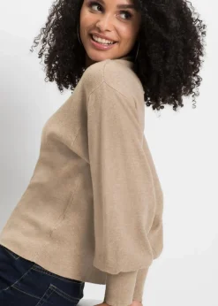 bonprix Strickmode|Pullover & Strickjacken^Strickpullover mit Ballonärmeln beige meliert