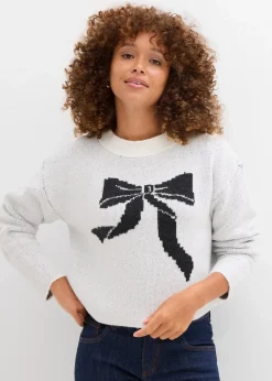 bonprix Nachhaltigere Materialien|Strickmode^Strickpullover mit Schleife wollweiß