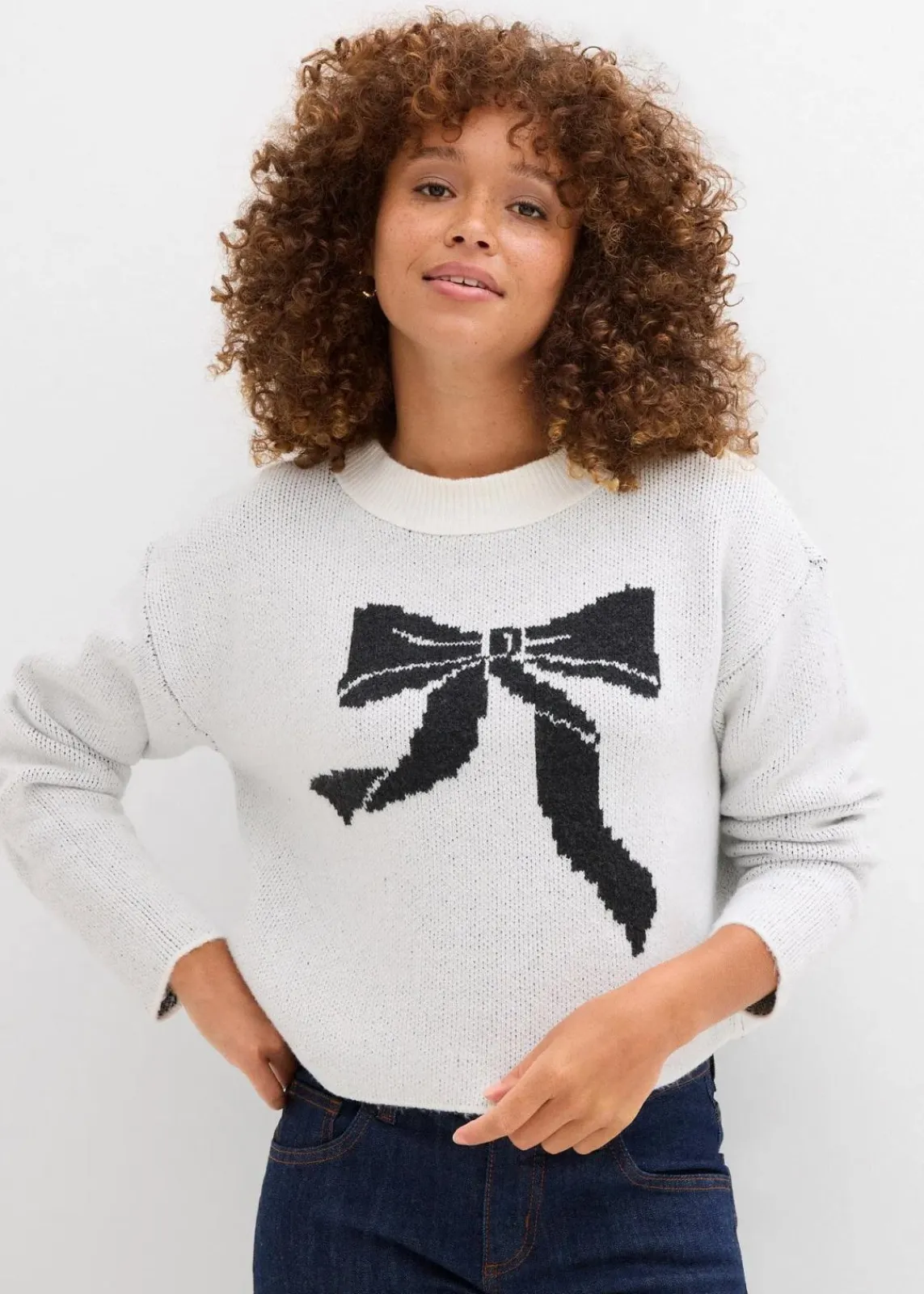 bonprix Nachhaltigere Materialien|Strickmode^Strickpullover mit Schleife wollweiß
