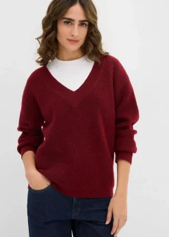 bonprix Bekleidung·Umstandsmode|Strickmode^Strickpullover mit tiefem V-Ausschnitt pflaumenrot/schwarz meliert