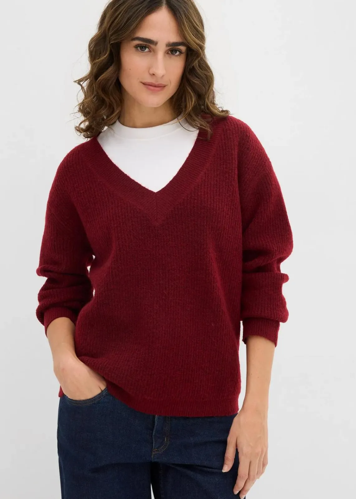 bonprix Bekleidung·Umstandsmode|Strickmode^Strickpullover mit tiefem V-Ausschnitt pflaumenrot/schwarz meliert