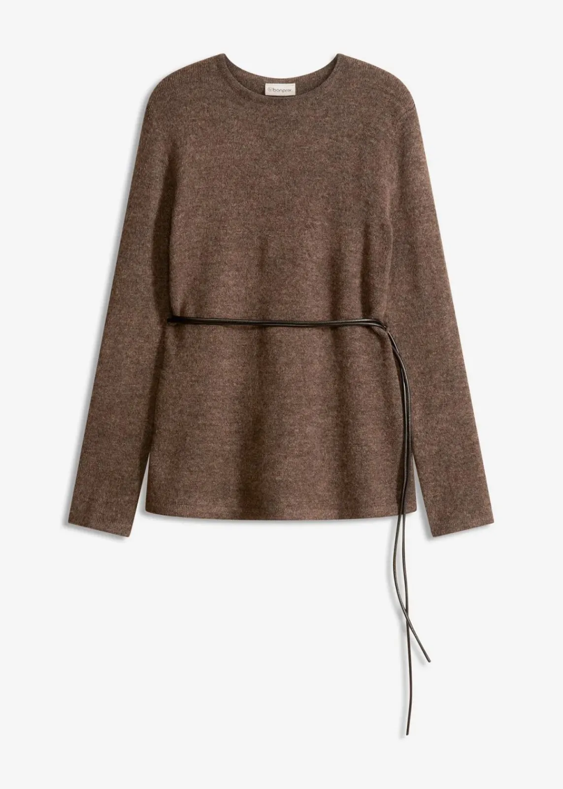 bonprix Bekleidung·Umstandsmode|Strickmode^Strickshirt mit Wollanteil und Lederimitat- Bindeband braun meliert