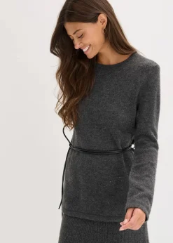 bonprix Bekleidung·Umstandsmode|Strickmode^Strickshirt mit Wollanteil und Lederimitat- Bindeband anthrazit meliert meliert