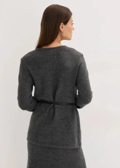 bonprix Bekleidung·Umstandsmode|Strickmode^Strickshirt mit Wollanteil und Lederimitat- Bindeband anthrazit meliert meliert