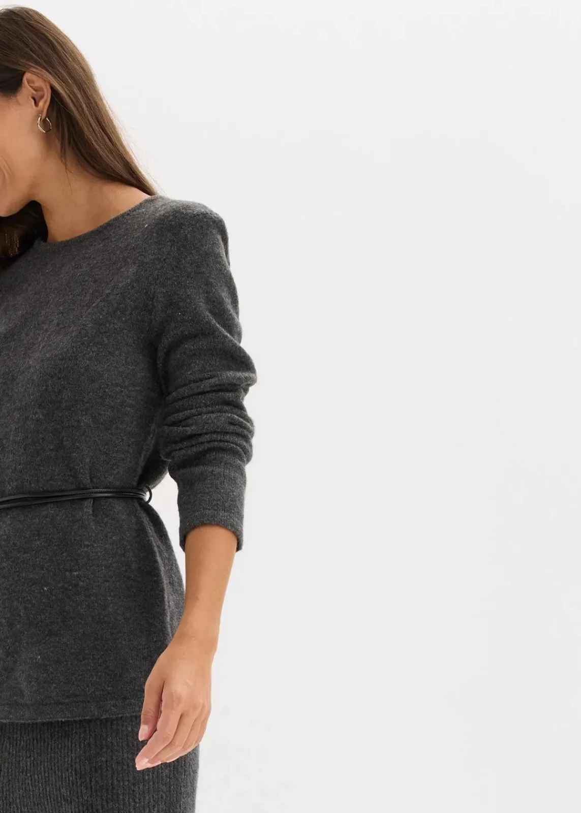 bonprix Bekleidung·Umstandsmode|Strickmode^Strickshirt mit Wollanteil und Lederimitat- Bindeband anthrazit meliert meliert