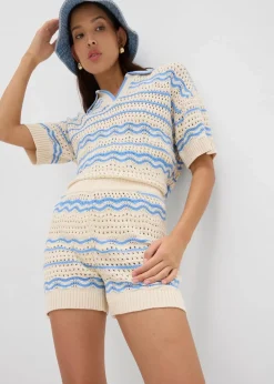 bonprix Shorts|Hosen^Strick-Shorts aus luftigem Baumwoll-Leinen-Mix elfenbein/mittelblau