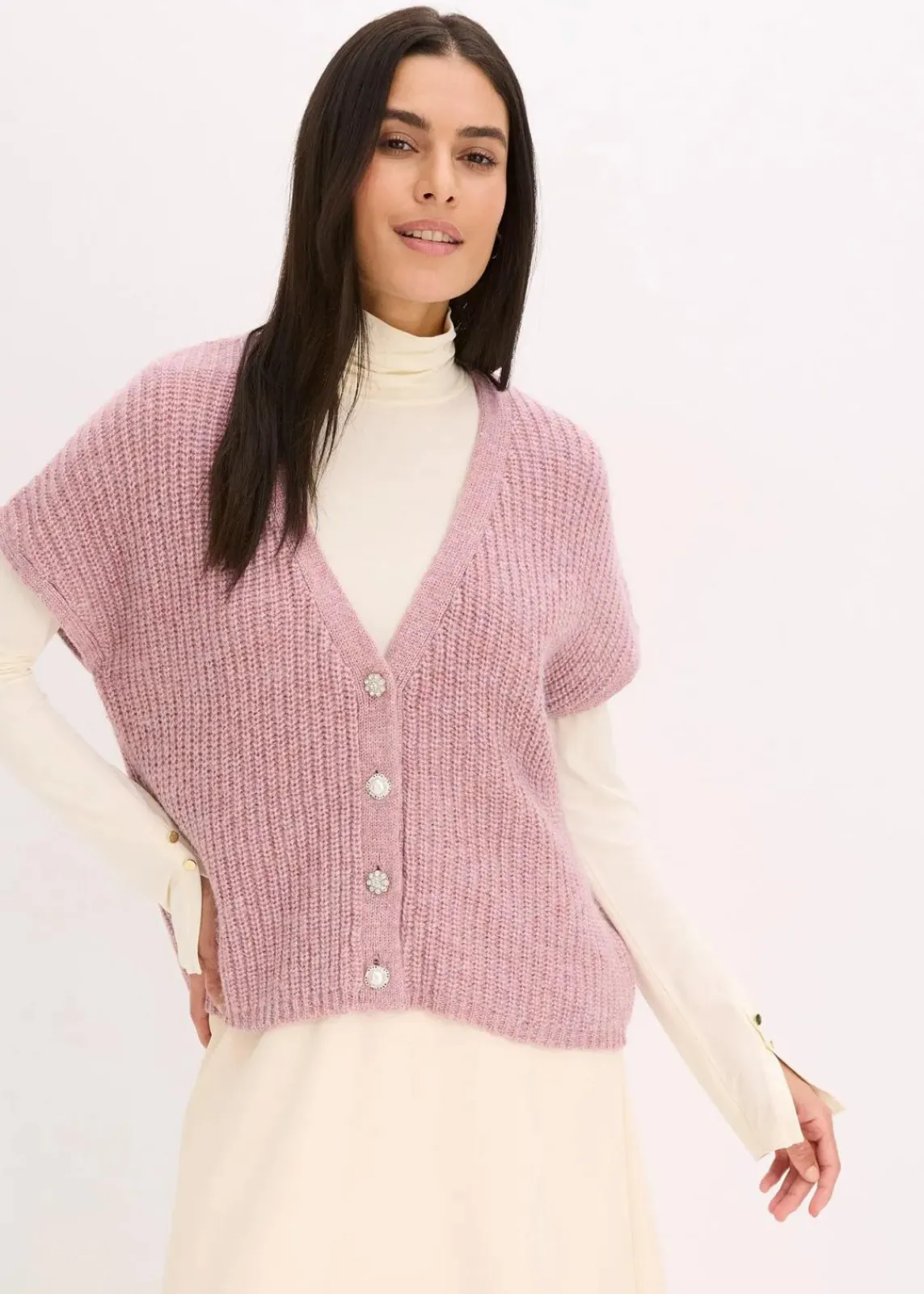 bonprix Bekleidung·Umstandsmode|Strickmode^Strick-Weste mit dekorativen Knöpfen und Wollanteil rosa meliert