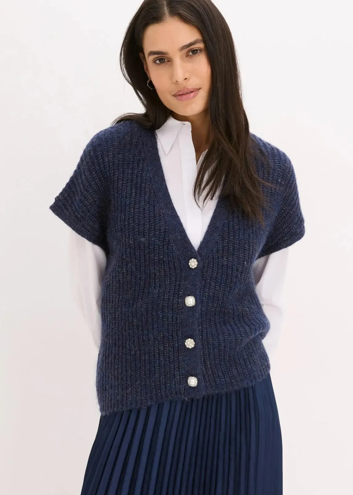bonprix Bekleidung·Umstandsmode|Strickmode^Strick-Weste mit dekorativen Knöpfen und Wollanteil dunkelblau meliert