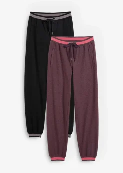 bonprix Hosen|Sweat^Sweathose aus Baumwoll-Mix, 2er Pack schwarz+holunderbeere meliert