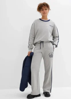 bonprix Hosen|Sweat^Sweathose aus weichem Baumwoll-Mix hellgrau meliert/dunkelblau