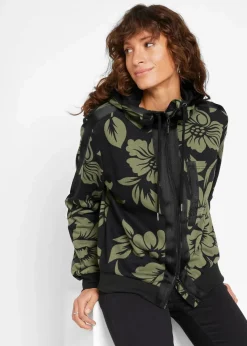 bonprix Bekleidung·Blusen & Tuniken|Sweat^Sweatjacke mit Baumwolle schwarz/grün geblümt