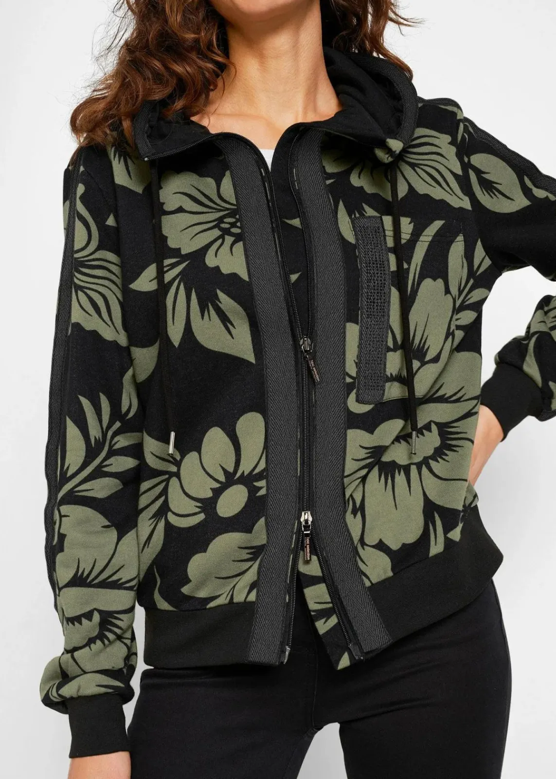 bonprix Bekleidung·Blusen & Tuniken|Sweat^Sweatjacke mit Baumwolle schwarz/grün geblümt