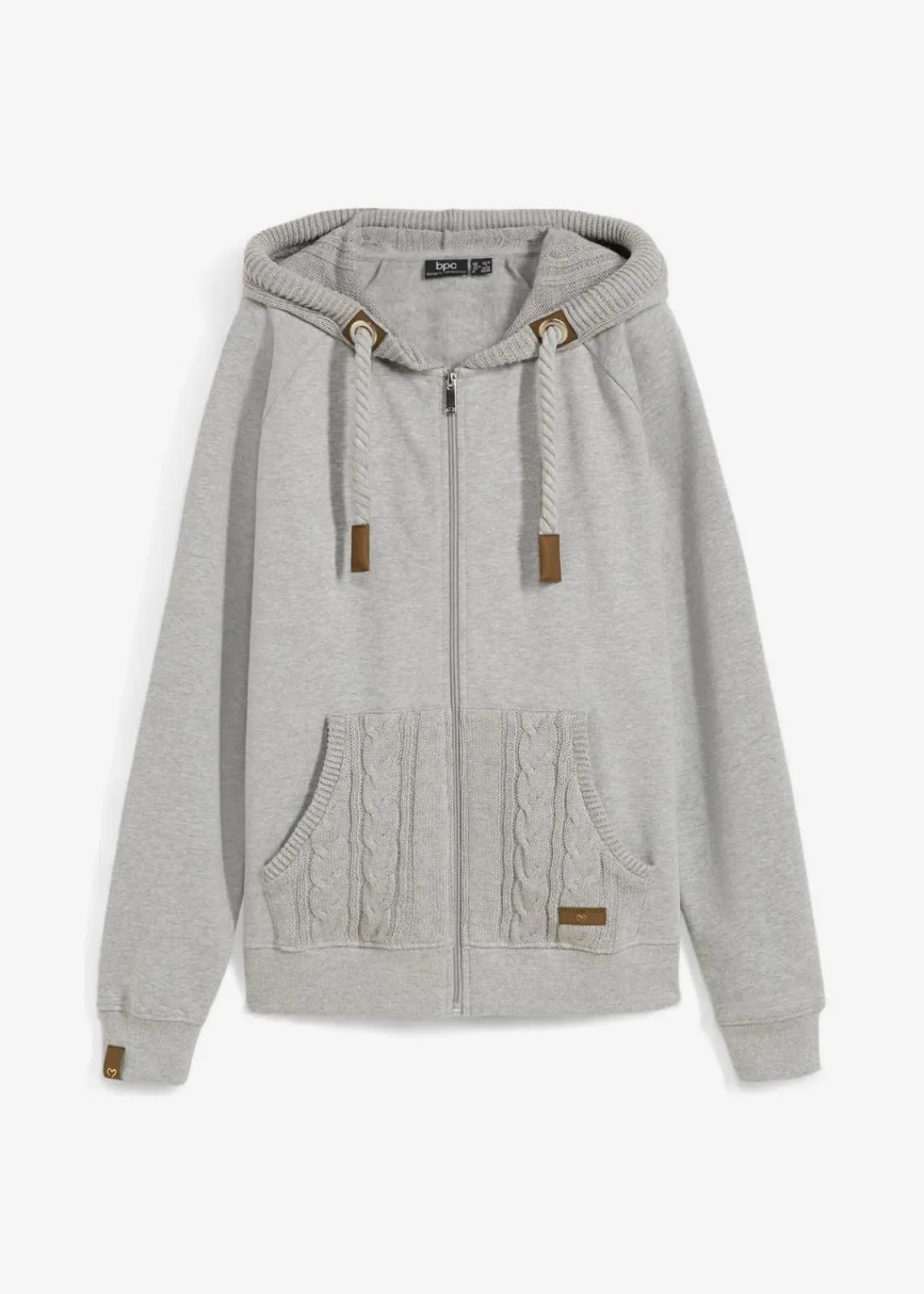 bonprix Bekleidung·Blusen & Tuniken|Nachhaltigere Materialien^Sweatjacke mit Strickkapuze und Tasche hellgrau meliert