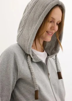 bonprix Bekleidung·Blusen & Tuniken|Nachhaltigere Materialien^Sweatjacke mit Strickkapuze und Tasche hellgrau meliert