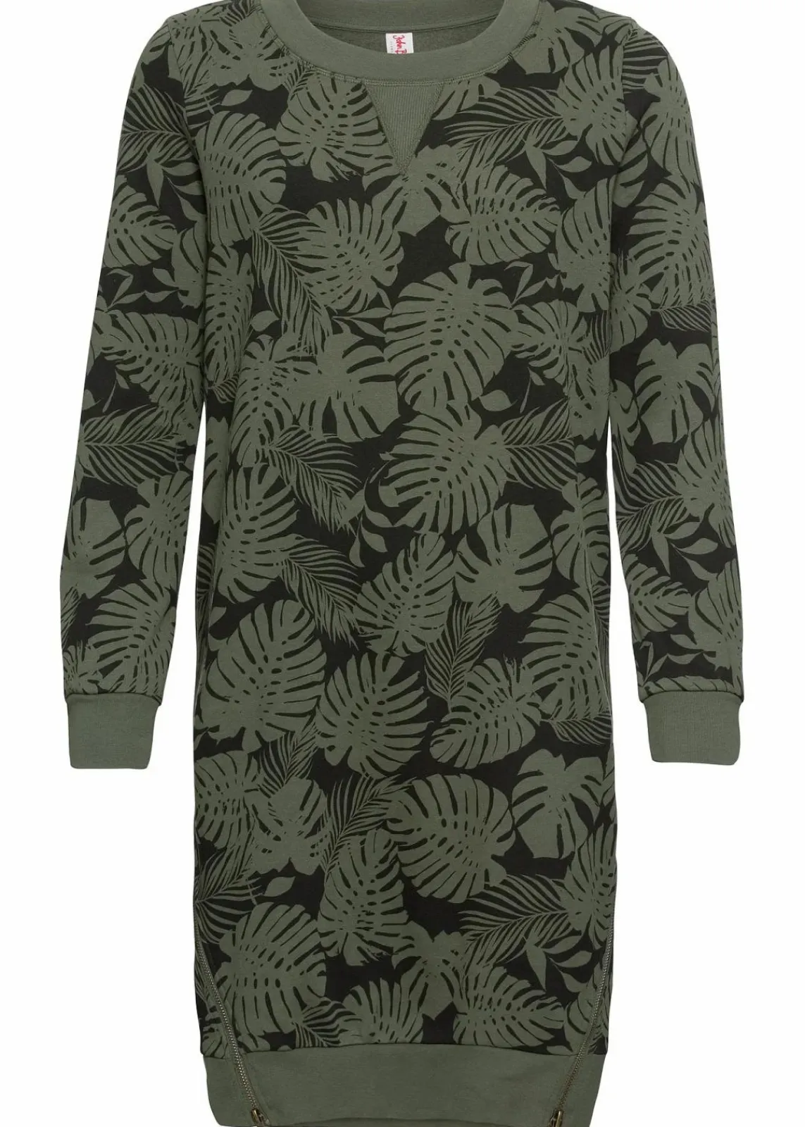 bonprix Bekleidung·Blusen & Tuniken|Bekleidung·Pullover & Strickjacken^Sweatkleid, bedruckt dunkeloliv/schwarz bedruckt