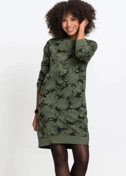 bonprix Bekleidung·Blusen & Tuniken|Bekleidung·Pullover & Strickjacken^Sweatkleid, bedruckt dunkeloliv/schwarz bedruckt