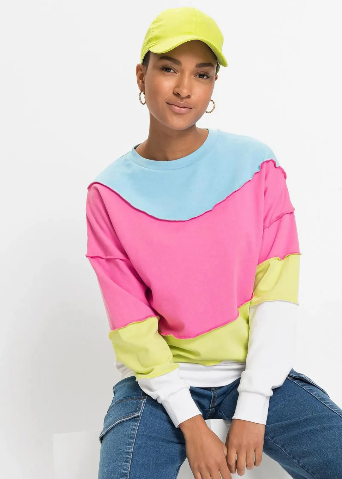 bonprix Bekleidung·Blusen & Tuniken|Nachhaltigere Materialien^Sweatshirt aus weichem Baumwoll-Mix flamingopink/mintgrün gestreift