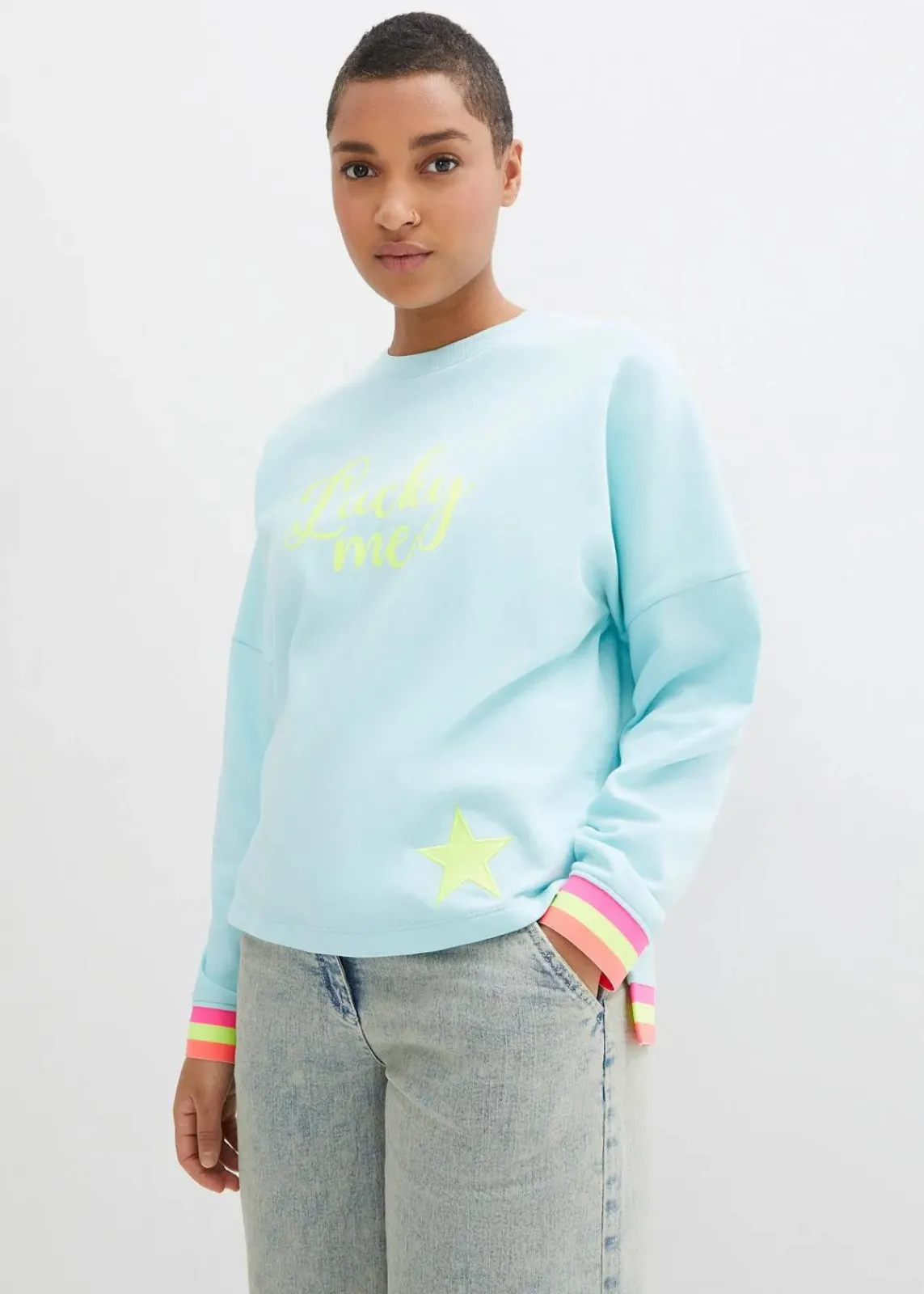 bonprix Bekleidung·Blusen & Tuniken|Sweat^Sweatshirt mint bunten Bündchen polarmint bedruckt