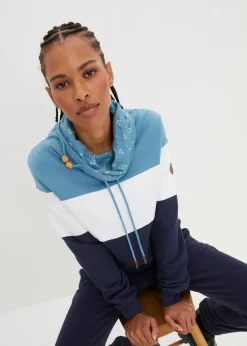 bonprix Bekleidung·Blusen & Tuniken|Sweat^Sweatshirt mit bedrucktem Kragen aus reiner Baumwolle matt blau/weiß/dunkelblau