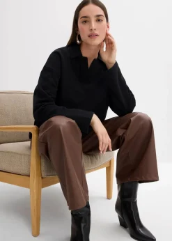 bonprix Sweat|Bekleidung·Blusen & Tuniken^Sweatshirt mit gestricktem Polokragen aus Bio-Baumwolle schwarz