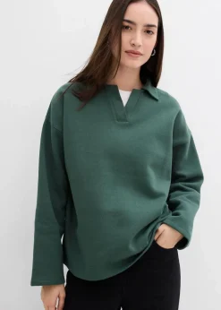 bonprix Bekleidung·Blusen & Tuniken|Sweat^Sweatshirt mit gestricktem Polokragen aus Bio-Baumwolle schattengrün