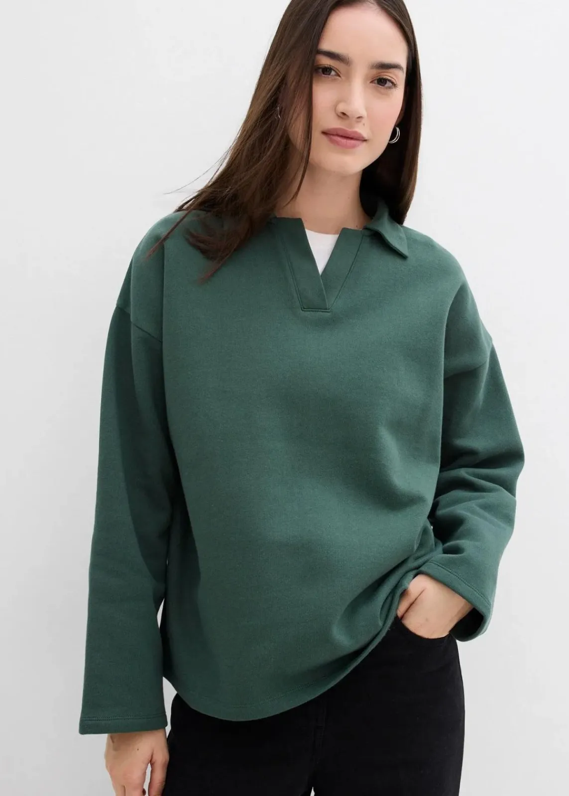 bonprix Bekleidung·Blusen & Tuniken|Sweat^Sweatshirt mit gestricktem Polokragen aus Bio-Baumwolle schattengrün