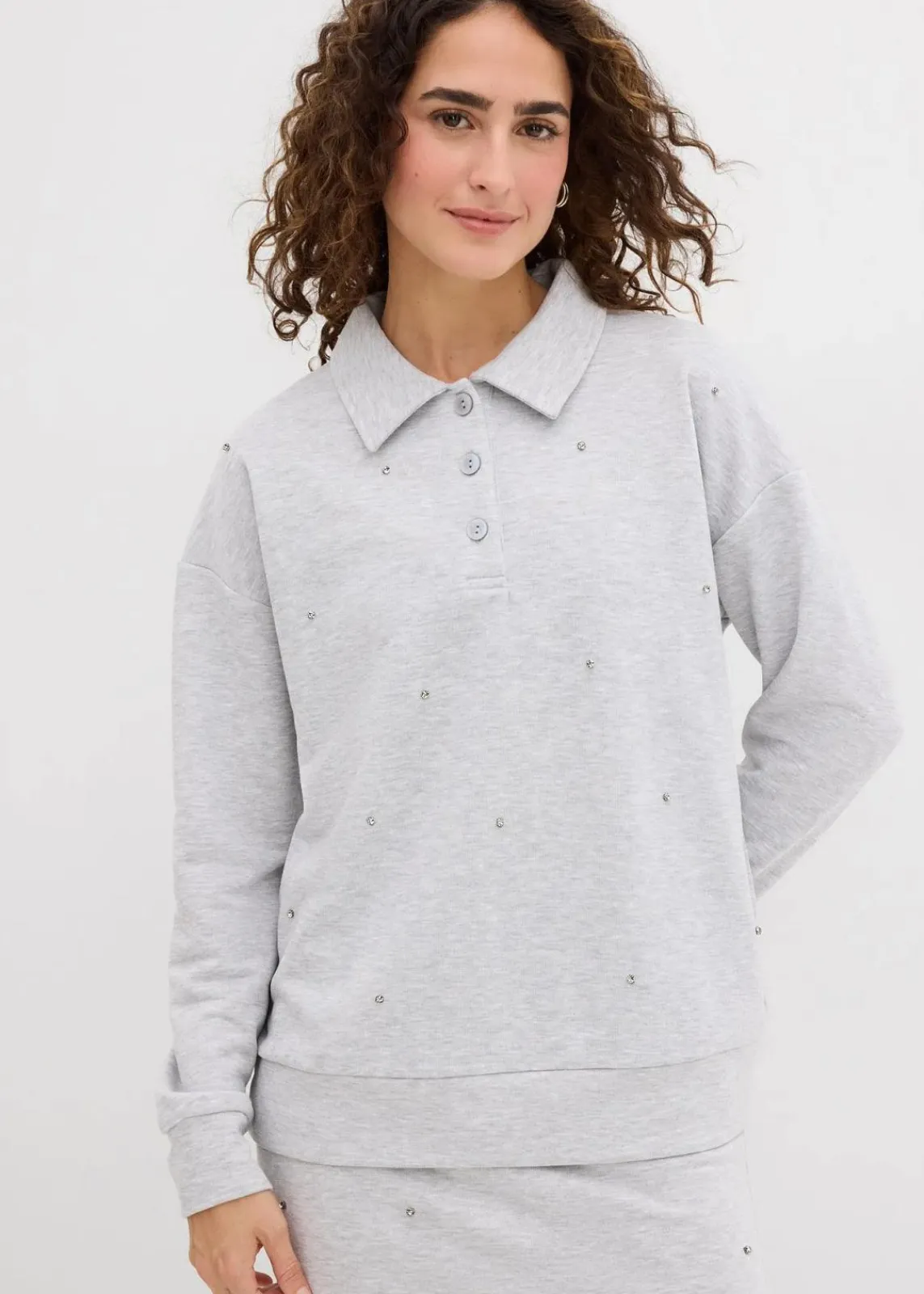 bonprix Zweiteiler & Sets|Sweat^Sweatshirt mit Nieten hellgrau meliert