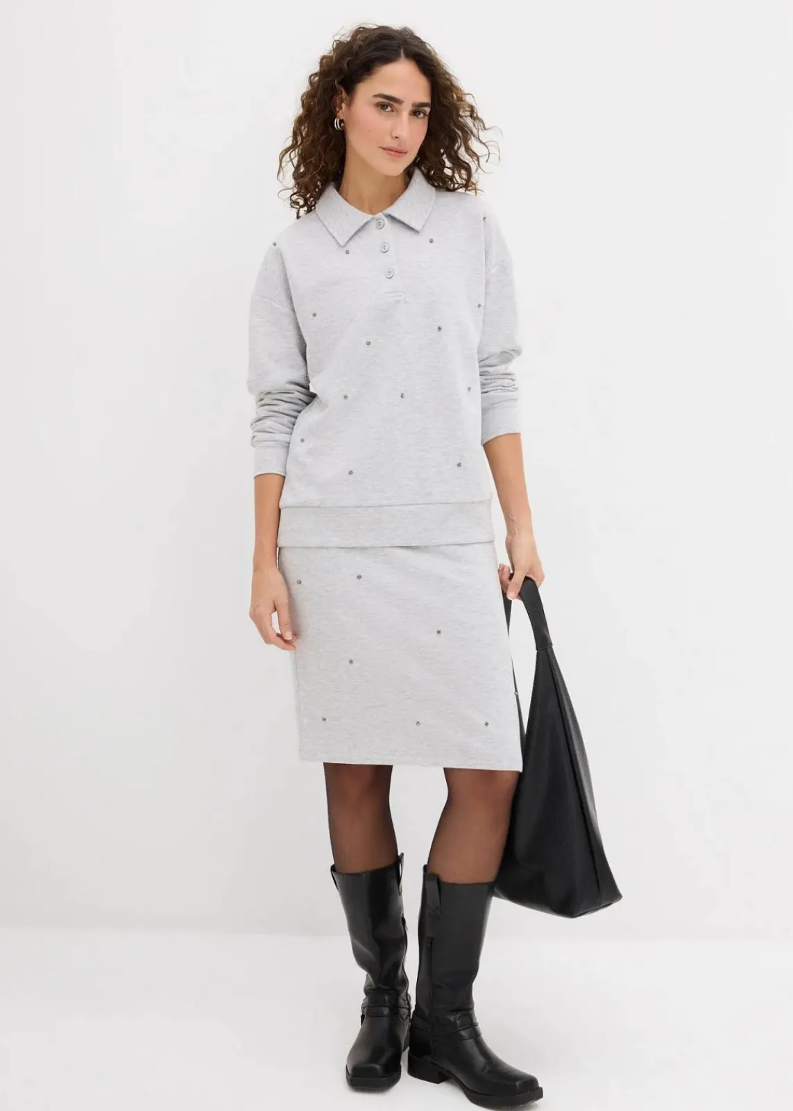 bonprix Zweiteiler & Sets|Sweat^Sweatshirt mit Nieten hellgrau meliert