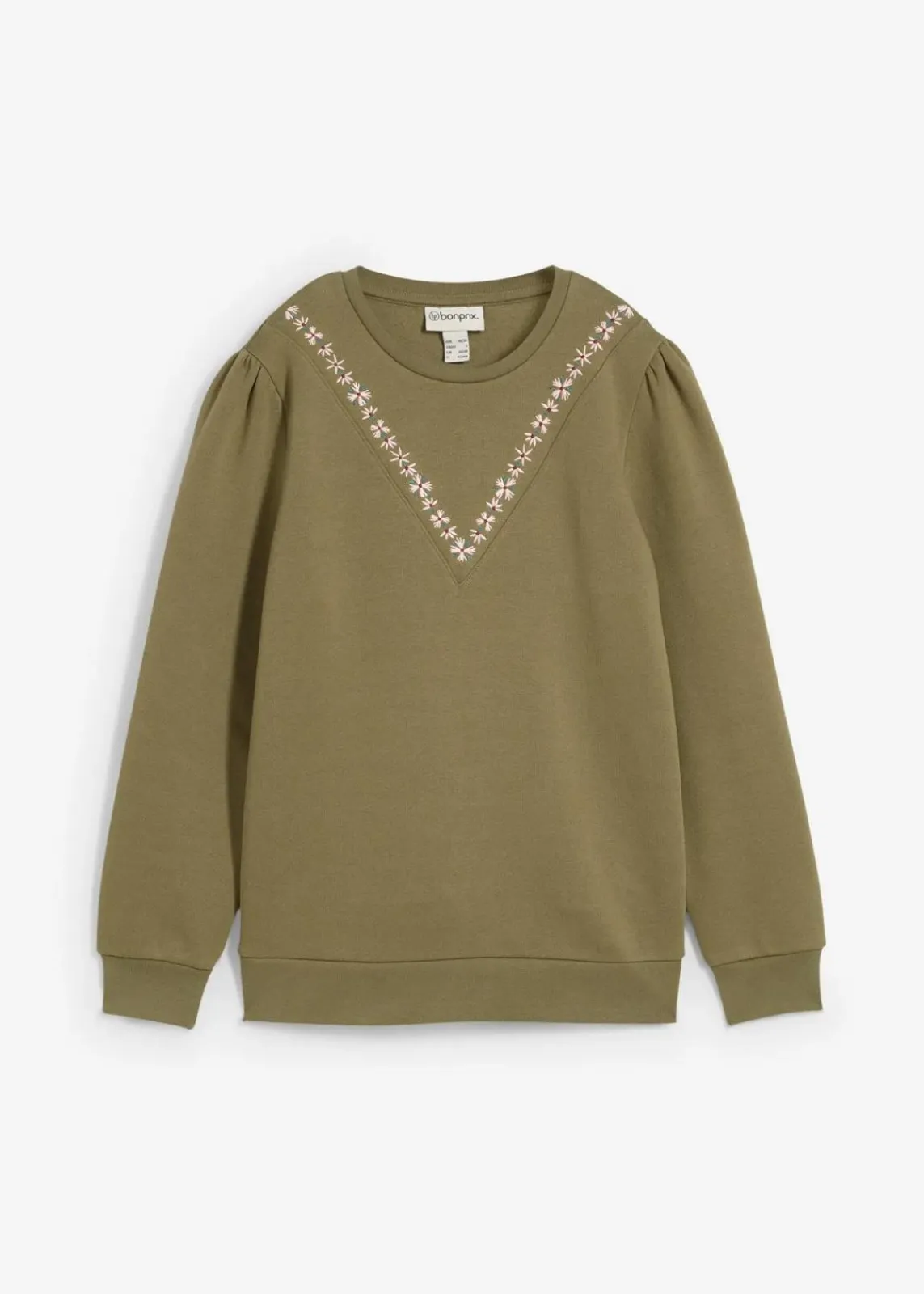 bonprix Bekleidung·Blusen & Tuniken|Sweat^Sweatshirt mit Stickerei aus Baumwoll-Mix oliv
