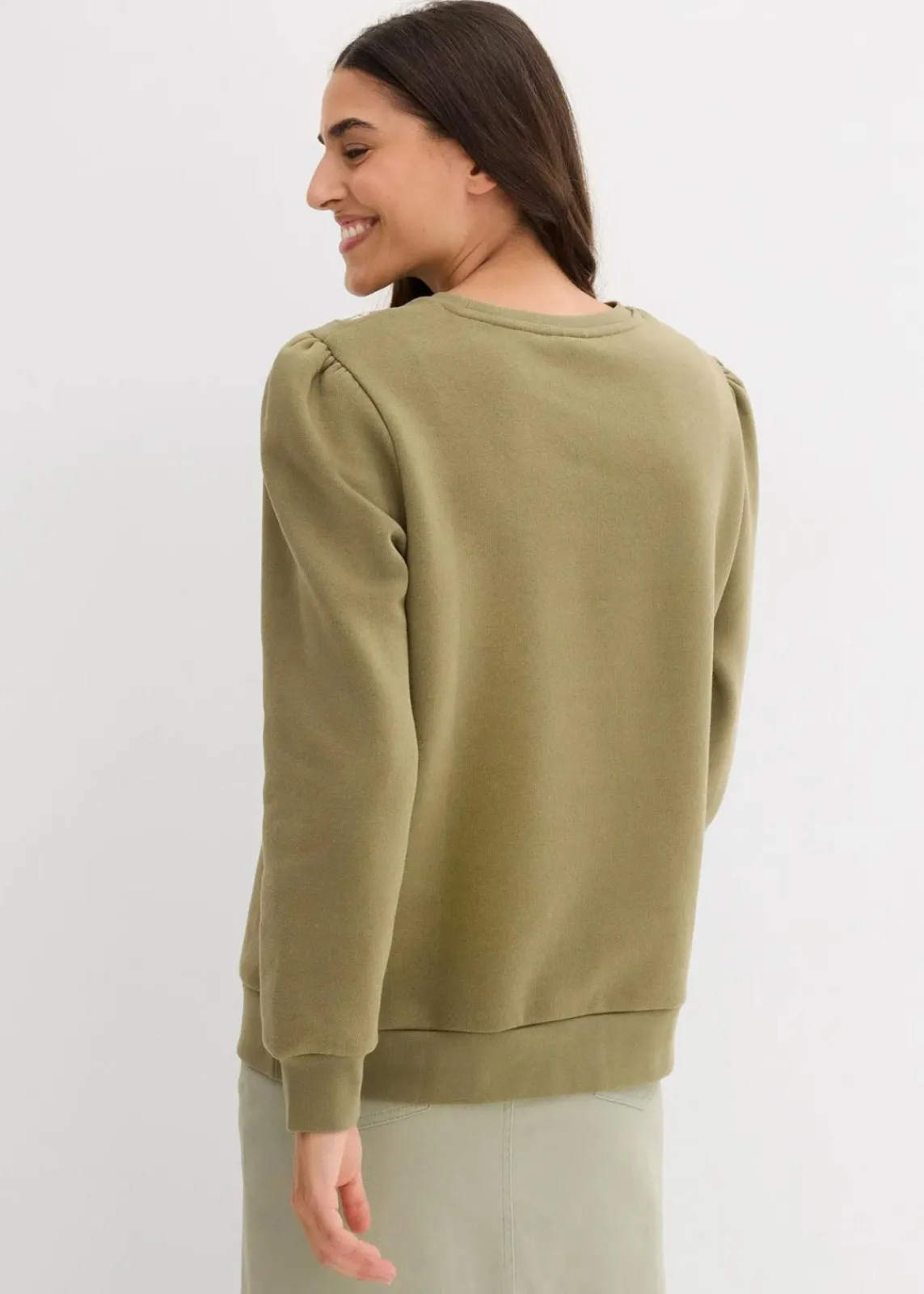 bonprix Bekleidung·Blusen & Tuniken|Sweat^Sweatshirt mit Stickerei aus Baumwoll-Mix oliv