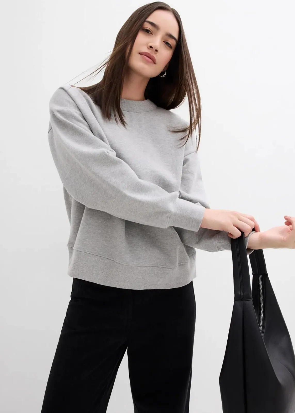 bonprix Bekleidung·Blusen & Tuniken|Sweat^Sweatshirt mit weitem Ripp-Kragen aus Bio-Baumwolle hellgrau meliert meliert