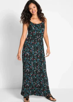 bonprix Bekleidung·Pullover & Strickjacken|Kleider^tailliertes Maxi-Kleid mit Druck schwarz geblümt