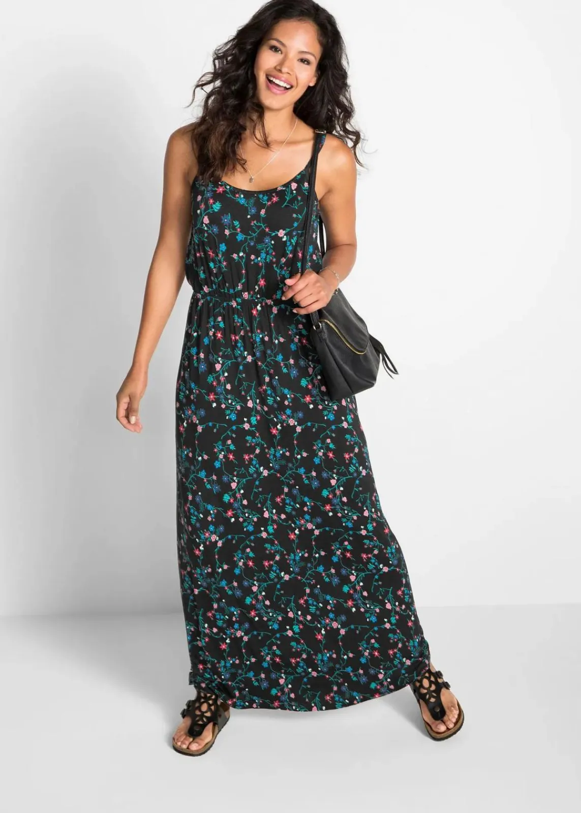 bonprix Bekleidung·Pullover & Strickjacken|Kleider^tailliertes Maxi-Kleid mit Druck schwarz geblümt