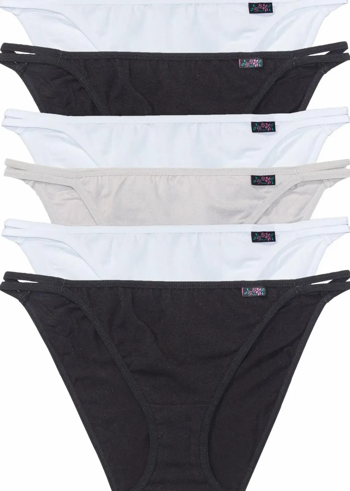 bonprix Wäsche·Basics|Wäsche·Baumwollunterwäsche^Tanga Slip (6er Pack) schwarz + weiß + grau/beige