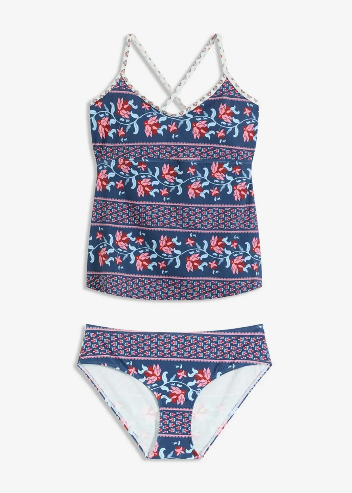 bonprix Nachhaltigere Materialien|Tankinis^Tankini mit gekreuzten Trägern (2-tlg.Set) blau/rosa bedruckt