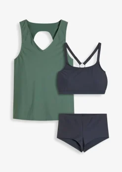 bonprix Nachhaltigere Materialien|Tankinis^Tankini (3-tlg.Set) mit Bandeau-Bikinioberteil oliv/nachtblau