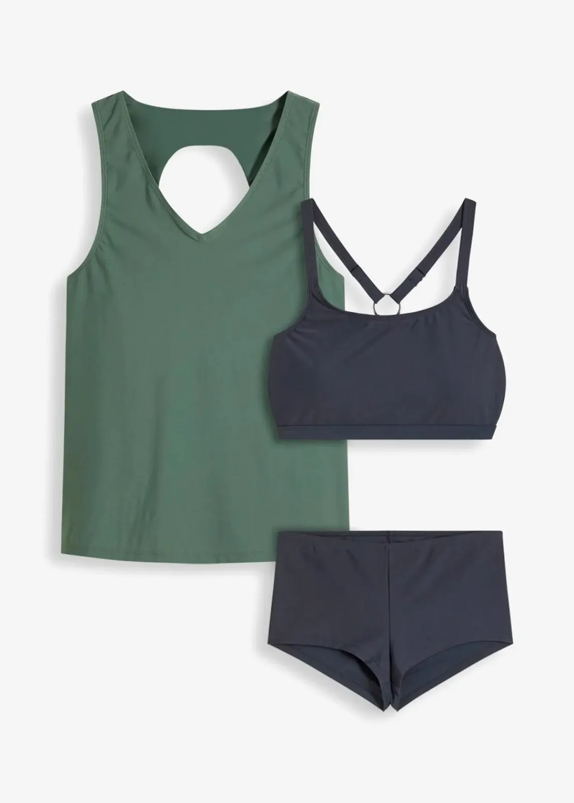 bonprix Nachhaltigere Materialien|Tankinis^Tankini (3-tlg.Set) mit Bandeau-Bikinioberteil oliv/nachtblau