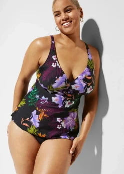 bonprix Nachhaltigere Materialien|Tankinis^Tankini (2-tlg.Set) mit V-Ausschnitt schwarz/lila geblümt