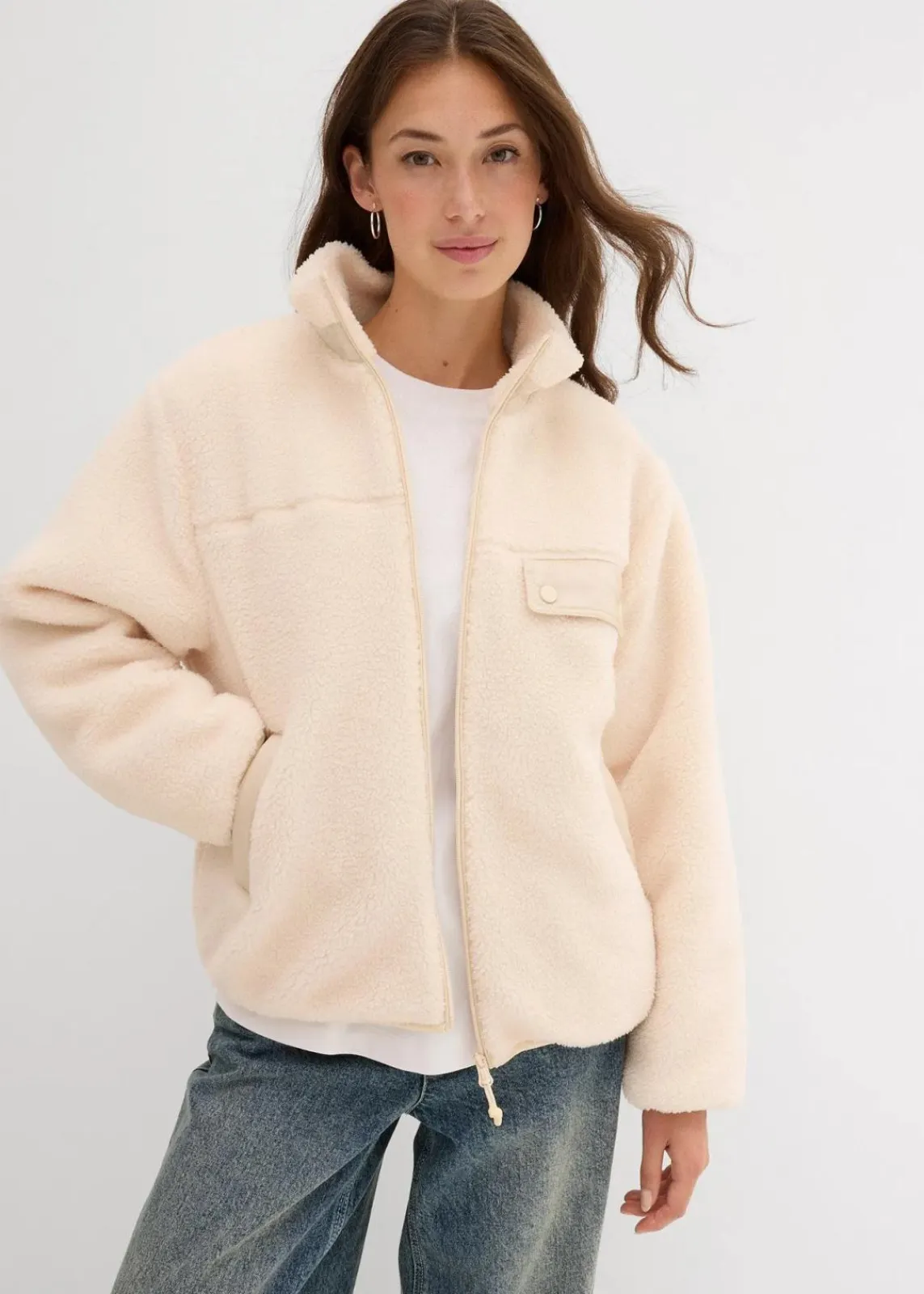 bonprix Jacken & Mäntel|Sweat^Teddy-Fleece Jacke kieselbeige