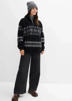 bonprix Sweat|Bekleidung·Blusen & Tuniken^Teddy-Fleeceshirt schwarz/wollweiß norwegermuster