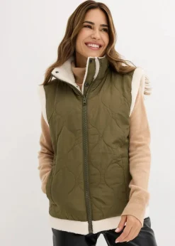 bonprix Bekleidung·Hosen|Jacken & Mäntel^Teddy-Weste zum Wenden dunkeloliv/naturbeige