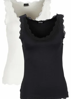 bonprix Shirts & Tops^Top mit Spitze (2er-Pack) schwarz + wollweiß