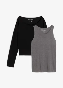 bonprix Shirts & Tops|Nachhaltigere Materialien^Top und Langarmshirt (2-tlg.Set) aus Jersey grau washed + schwarz meliert