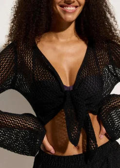 bonprix Strandmode|Bademode·Strandmode^Transparente Strand Ajour-Strickjacke schwarz