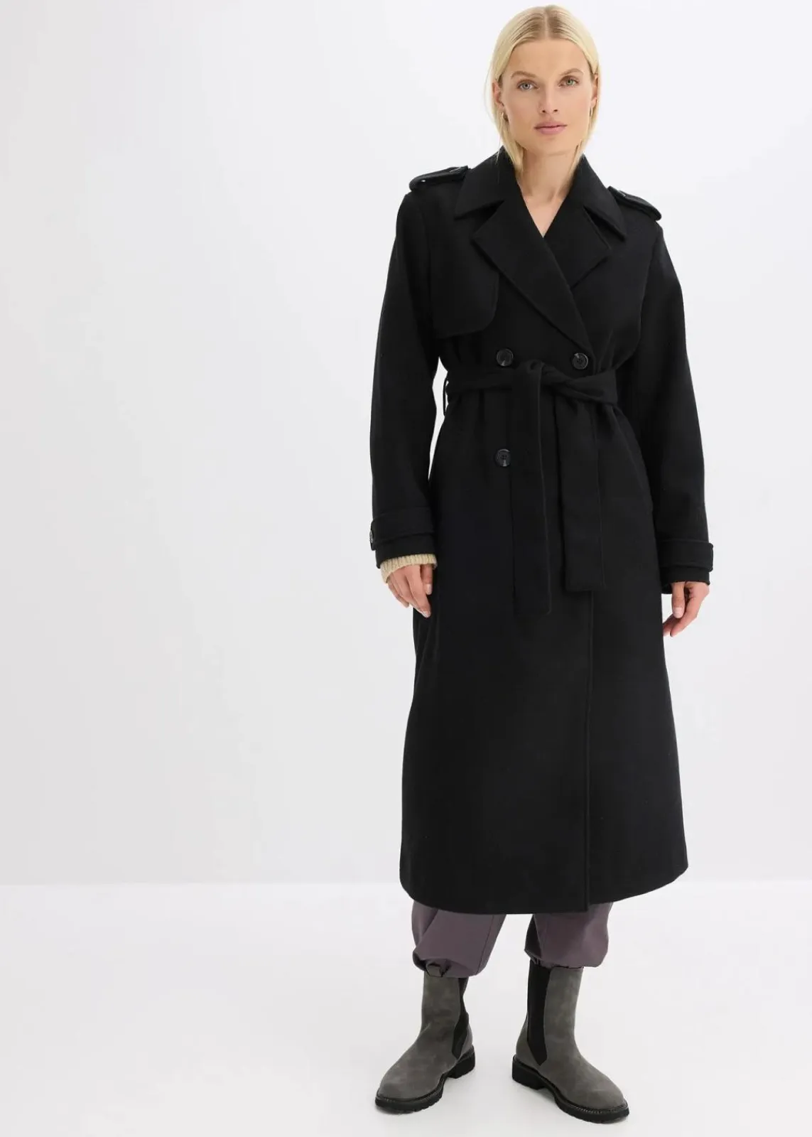 bonprix Jacken & Mäntel|Bekleidung·Hosen^Trenchcoat in Wolloptik schwarz