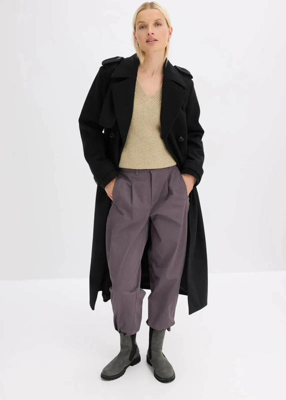 bonprix Jacken & Mäntel|Bekleidung·Hosen^Trenchcoat in Wolloptik schwarz