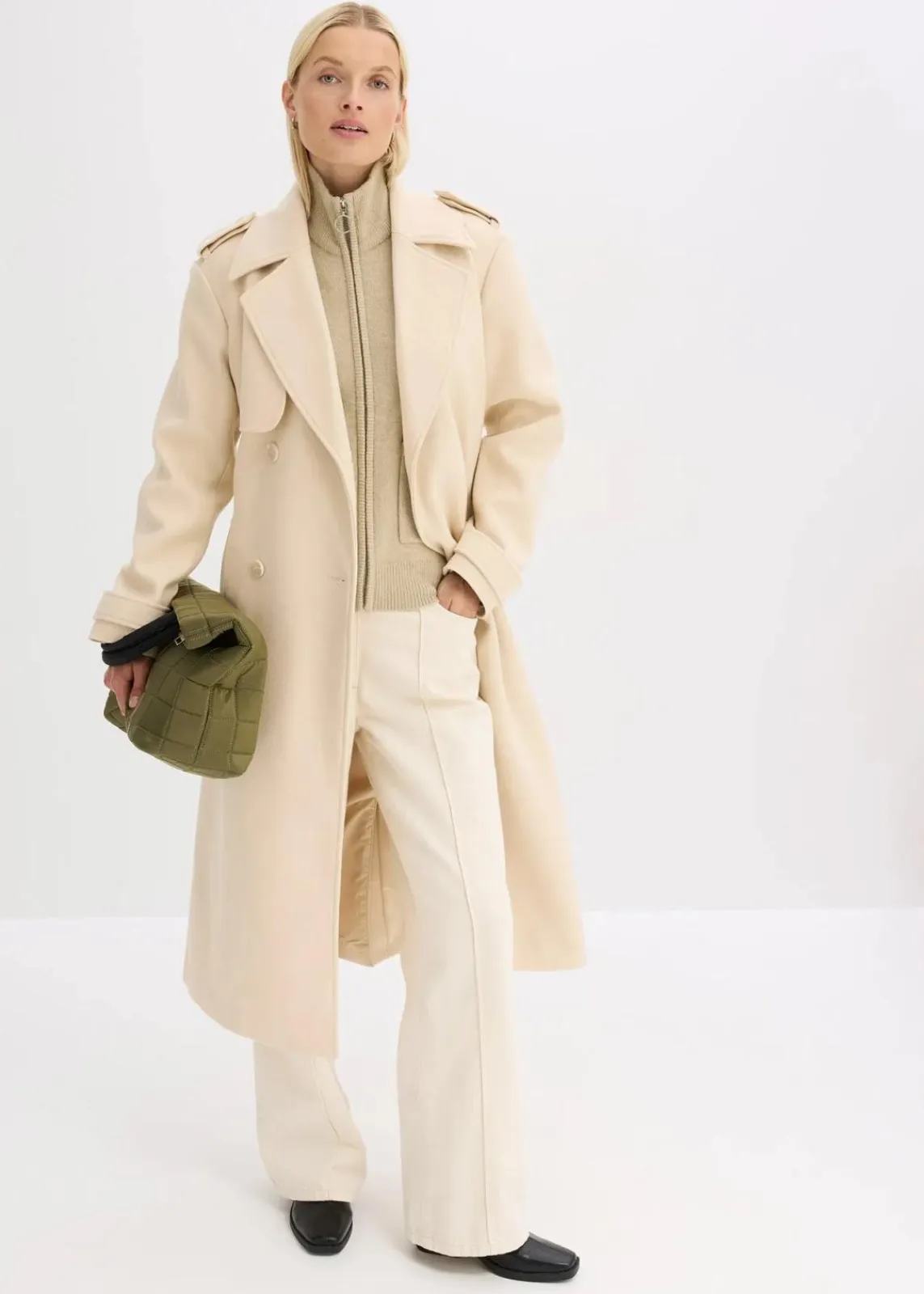 bonprix Bekleidung·Hosen|Jacken & Mäntel^Trenchcoat in Wolloptik kieselbeige