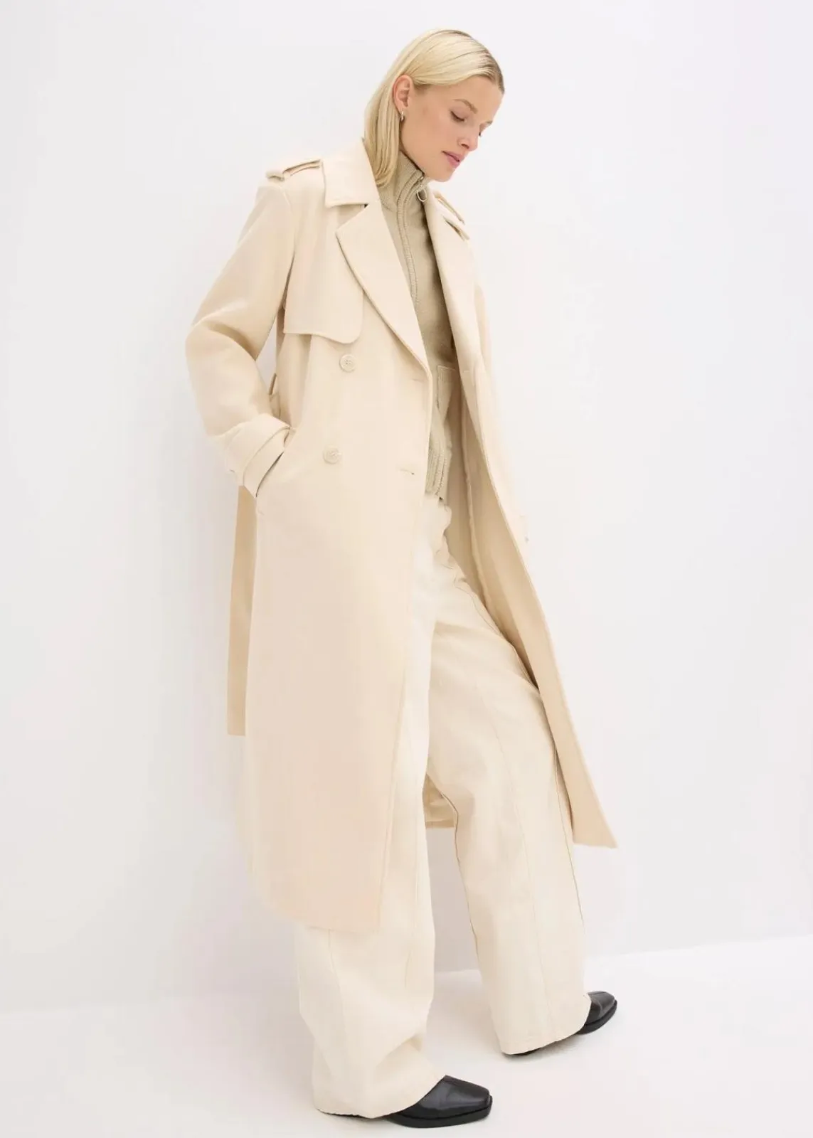 bonprix Bekleidung·Hosen|Jacken & Mäntel^Trenchcoat in Wolloptik kieselbeige