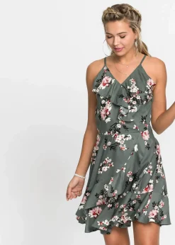 bonprix Kleider^Trägerkleid aus reiner Viskose eukalyptusgrün geblümt