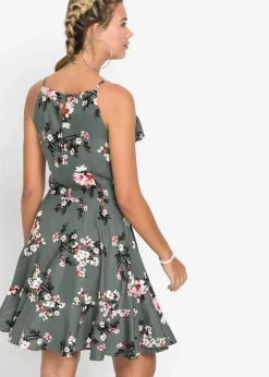 bonprix Kleider^Trägerkleid aus reiner Viskose eukalyptusgrün geblümt
